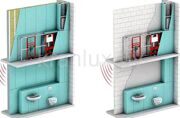 Монтаж инсталляции из профиля TECEprofil вид установки на фальш-стене и кирпичной стене. установка подвесного унитаза и раковины в ванной.